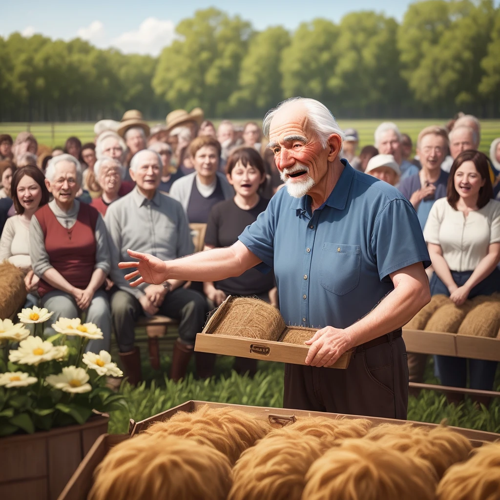 Create an old man on the farm telling a story to a crowd of people create diverse images