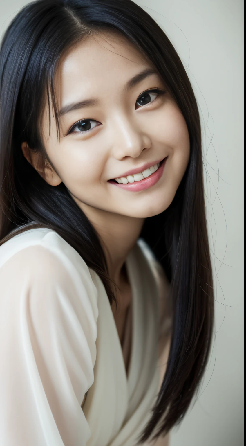 ((Best Quality, 8K, masutepiece:1.3)), beautiful Girl, pure, Melon face, gentle and cute, Sweet smile, pure lust, Thin body, (Frontal), (Head Tilted), Looking directly at the camera, uniform, Obi, Formal, Black silky long straight hair, long hair flowing over the shoulders, round black big eyes, clear big eyes, Moist red lips, Dolce, Sitting on the edge of the bed, Home background,Raw photo
