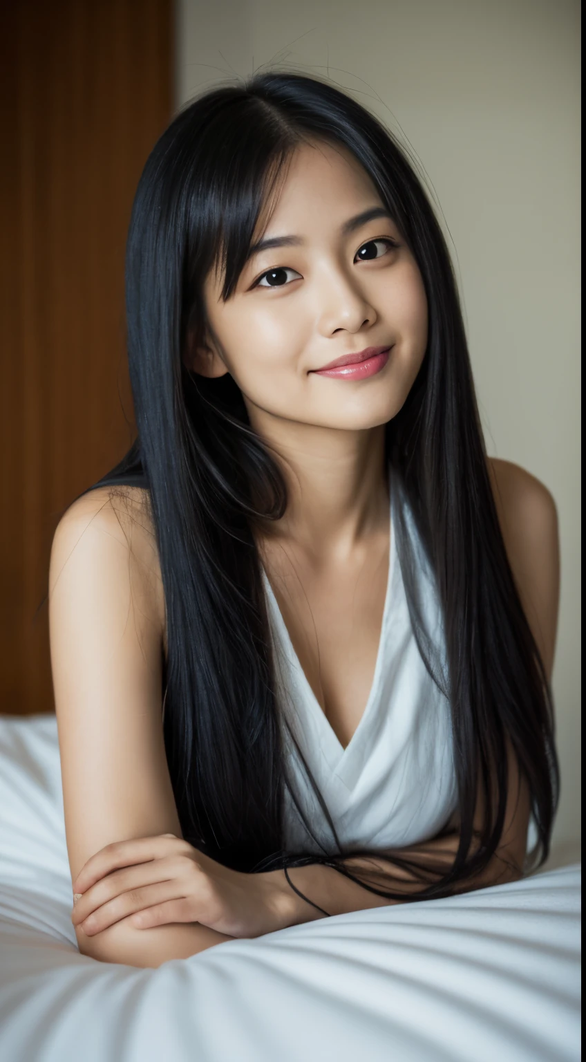 ((Best Quality, 8K, masutepiece:1.3)), beautiful Girl, pure, Melon face, gentle and cute, Sweet smile, pure lust, Thin body, (Frontal), (Head Tilted), Looking directly at the camera, uniform, Obi, Formal, Black silky long straight hair, long hair flowing over the shoulders, round black big eyes, clear big eyes, Moist red lips, Dolce, Sitting on the edge of the bed, Home background,Raw photo