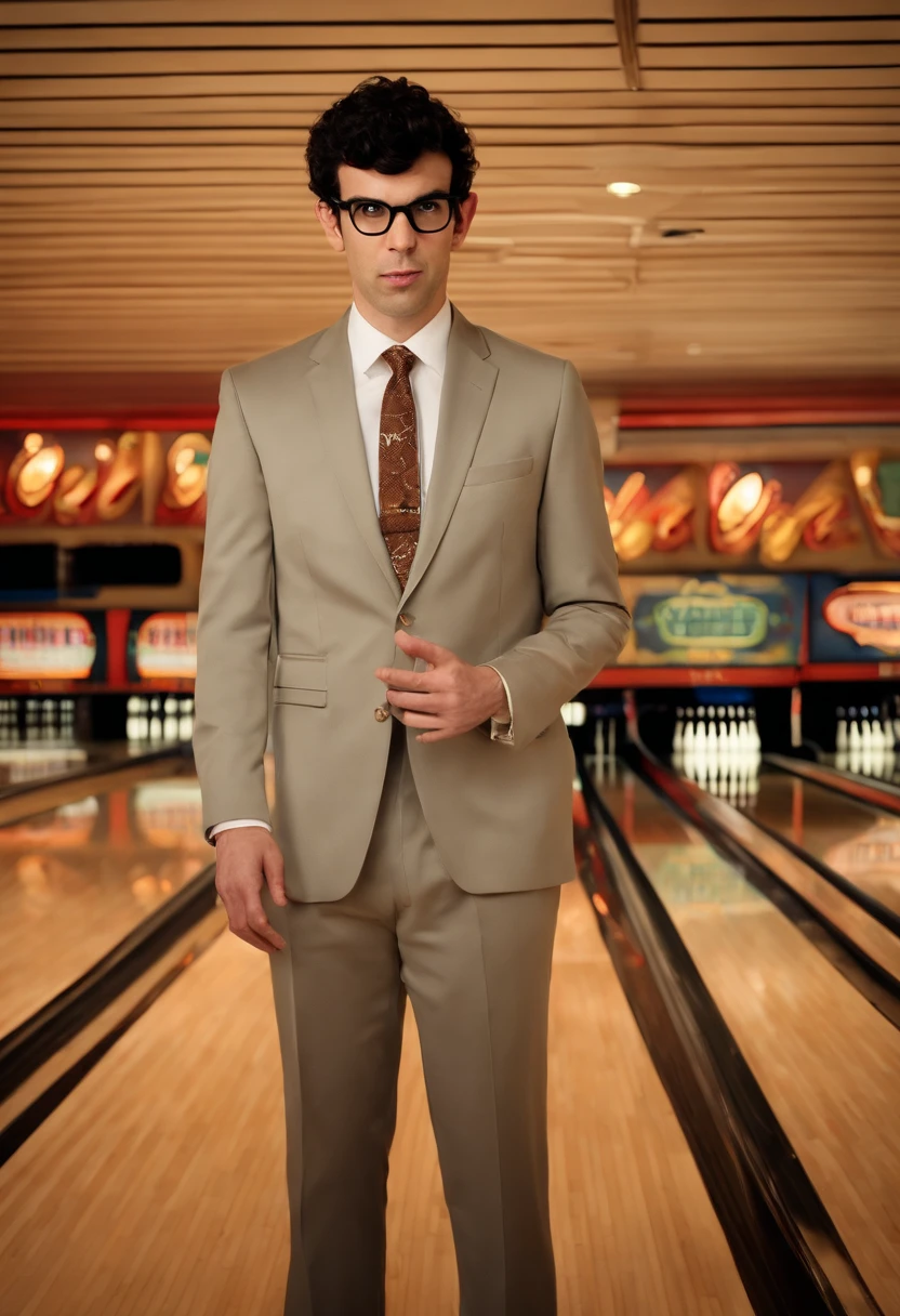 A photo of a vintage, retro bowling alley,Nathan for You,In “Nathan for You,” Nathan Fielder portrays a character of the same name, marked by his plain, somewhat awkward appearance: often seen in a grey suit and tie, with his hair neatly combed and a pair of unremarkable glasses. This understated look complements his on-screen persona, which is characterized by a deadpan expression and a consistently serious demeanor, regardless of the comedic absurdity unfolding around him., male