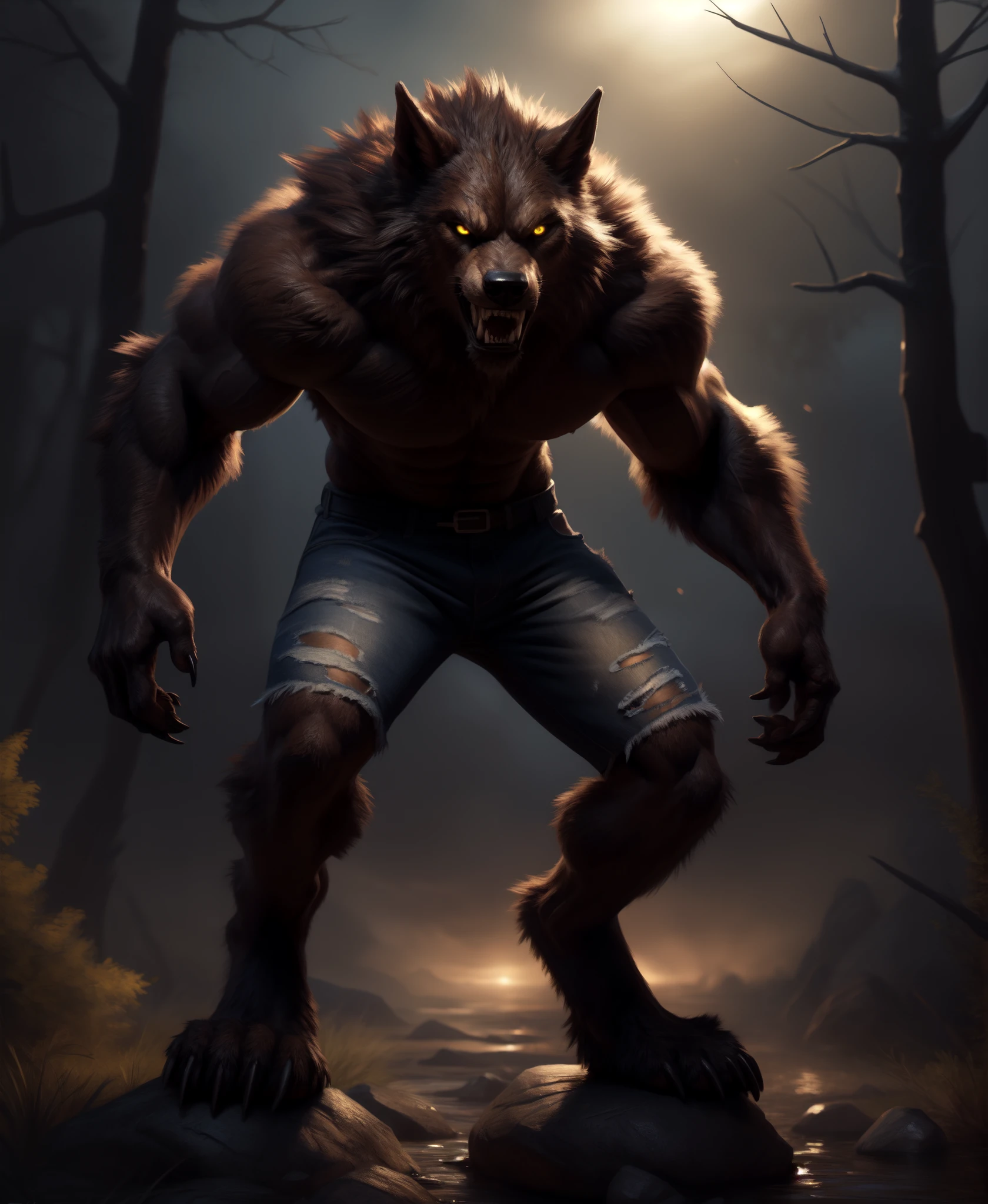 1boy, (((twink, werewolf, torn jean shorts, femboy, lean, dark brown fur, digitigrade))), BREAK by taran fiddler, by pixelsketcher, by personalami, BREAK solo male, ((werewolf, anthro werewolf, snarling, teeth, 80s horror theme, realistic fur)), extremely detailed, (masterpiece), realistic, hyperrealistic, best quality, high quality, (tall, glowing yellow eyes, slender but toned body), [snarl], cinematic lighting, [8k, high res, rimlight, backlighting, night time, explict content, sharp focus, detailed ambient light],