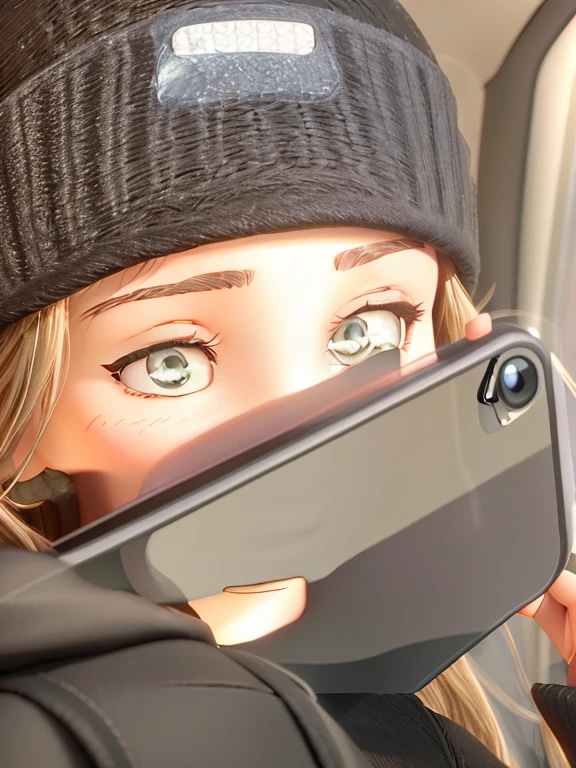 woman wearing a black hat and holding a cell phone, reflection of phone in visor, cell phone photo, reflection of iphone in visor, selfie of a young woman, checking her cell phone, she is holding a smartphone, checking her phone, piercing glare in the eyes, looking into camera, camera looking up at her, iphone selfie, looking into the camera