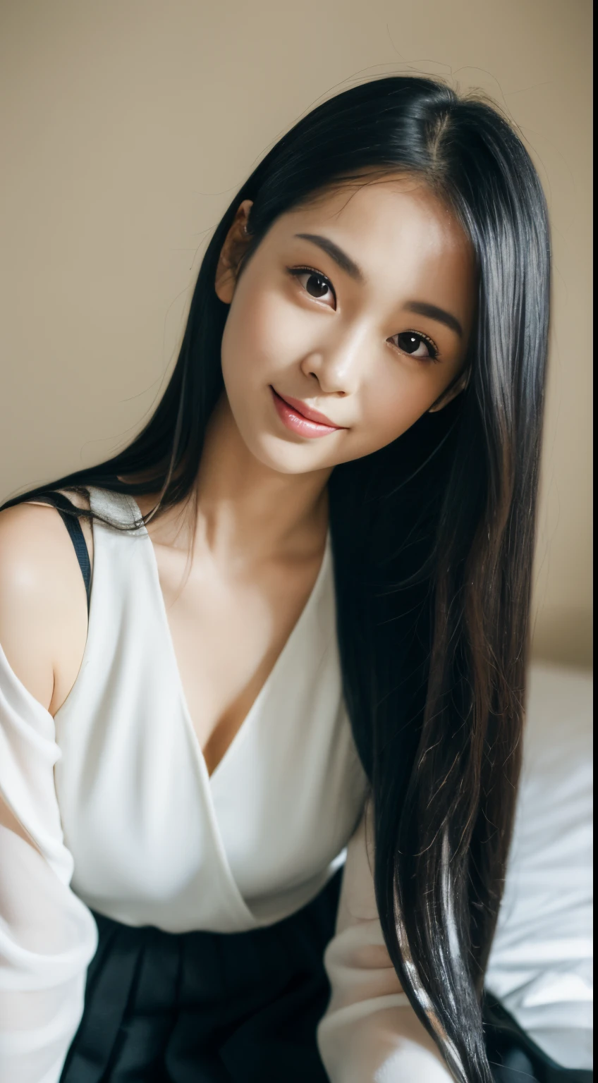 ((Best Quality, 8K, masutepiece:1.3)), beautiful  Girl, pure, Melon face, gentle and cute, Sweet smile, pure lust, Thin body, (Frontal), (Head Tilted), Looking directly at the camera, uniform, Obi, Formal, Black silky long straight hair, long hair flowing over the shoulders, round black big eyes, clear big eyes, Moist red lips, Dolce, Sitting on the edge of the bed, Home background,Raw photo