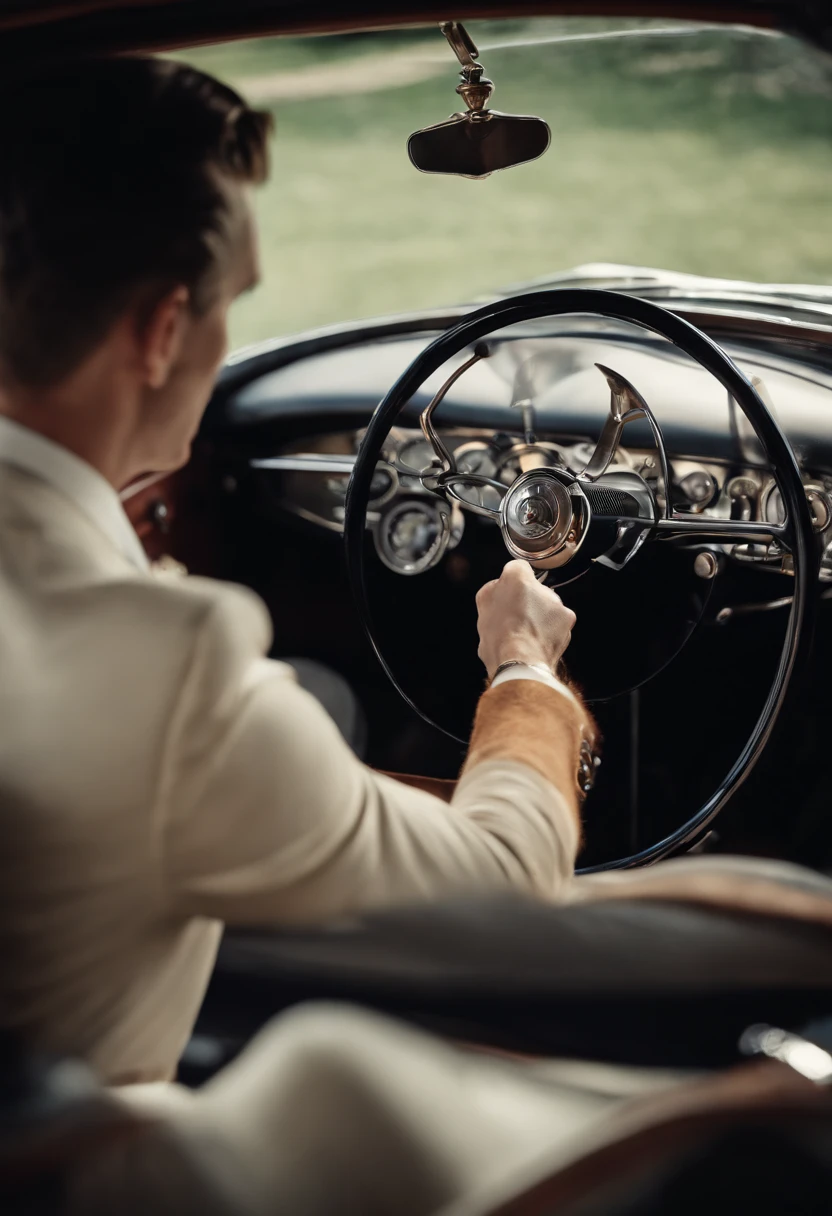 A young American in the 1960s with a regent hairstyle was holding the steering wheel of an athlete.、A sports car is coming from the front.、On the verge of a head-on collision、chicken lace、terror、BDSM、Impressive screen、phot、photoreaslistic