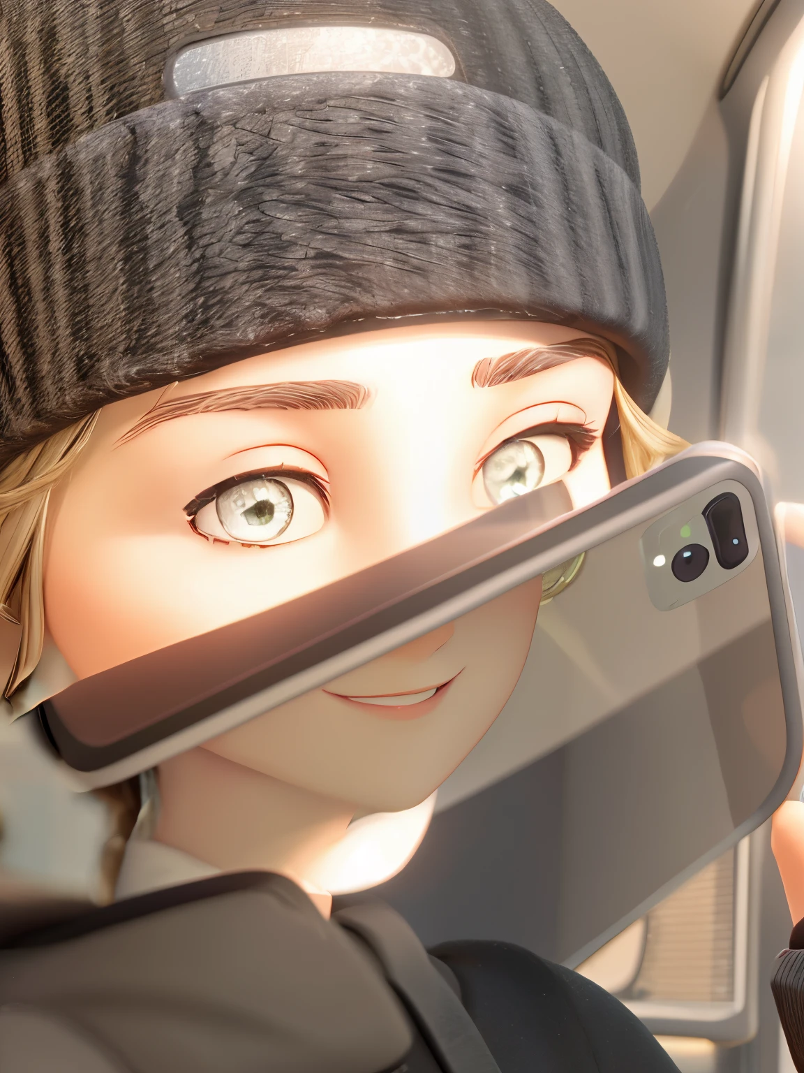 woman wearing a black hat and holding a cell phone, reflection of phone in visor, cell phone photo, reflection of iphone in visor, selfie of a young woman, checking her cell phone, she is holding a smartphone, checking her phone, piercing glare in the eyes, looking into camera, camera looking up at her, iphone selfie, looking into the camera