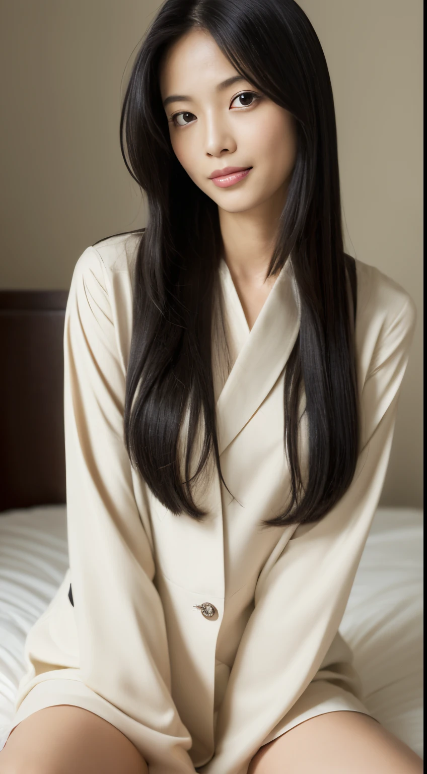 ((Best Quality, 8K, masutepiece:1.3)), beautiful  Girl, pure, Melon face, gentle and cute, Sweet smile, pure lust, Thin body, (Frontal), (Head Tilted), Looking directly at the camera, uniform, Obi, Formal, Black silky long straight hair, long hair flowing over the shoulders, round black big eyes, clear big eyes, Moist red lips, Dolce, Sitting on the edge of the bed, Home background,Raw photo