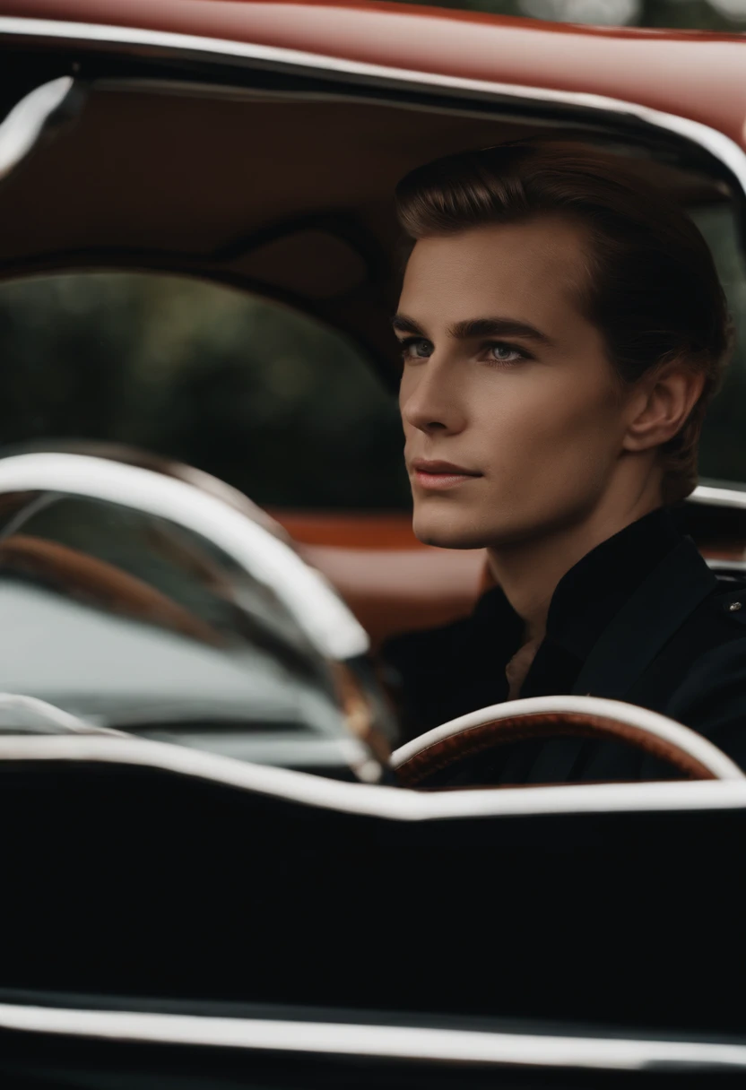 A young American in the 1960s with a regent hairstyle is holding the steering wheel of a sports car.、A sports car is coming from the front.、On the verge of a head-on collision、chicken lace、terror、BDSM、Impressive screen、phot、photoreaslistic