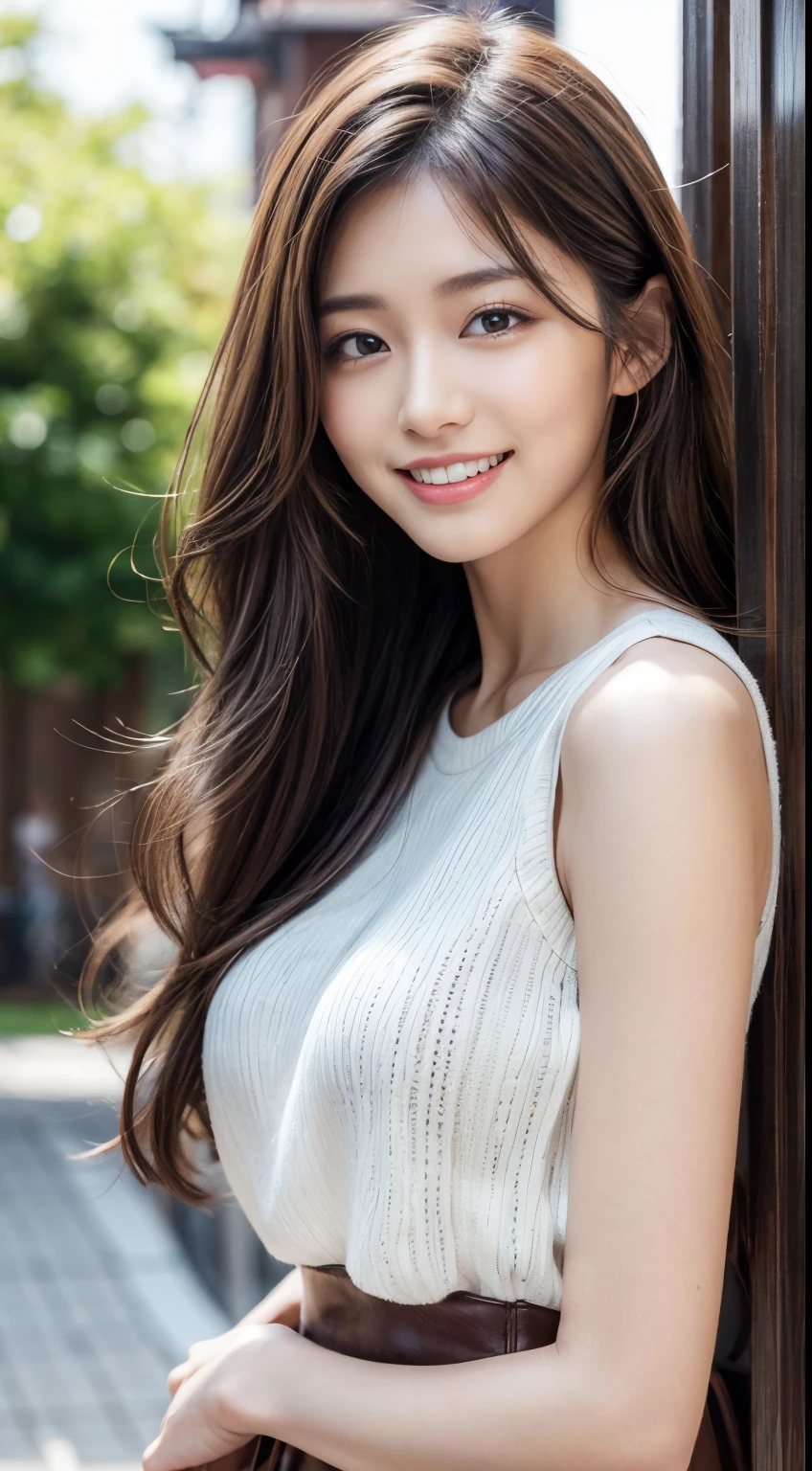 masutepiece, Best Quality, Photorealistic, Ultra-detailed, finely detail, High resolution, 8K Wallpaper, 1 beautiful woman, Wear sleeveless fashionable clothes, at campus, light brown messy hair, Perfect dynamic composition, Beautiful detailed eyes, Smiling happily, Perfect teeth visible, foco nítido, Detailed skin texture, detailed hairs、Slimed、A slender、Model body type、Brown hair