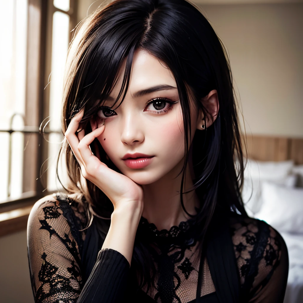 emo, 1girl, hair over eye, black themed bedroom