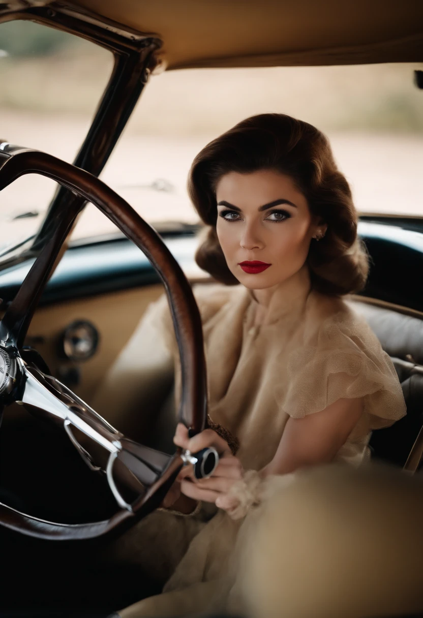 A young American in the 1960s with a regent hairstyle is holding the steering wheel of a sports car.、A sports car is coming from the front.、On the verge of a head-on collision、chicken lace、terror、BDSM、Powerful screen of in-vehicle camera、phot、photoreaslistic