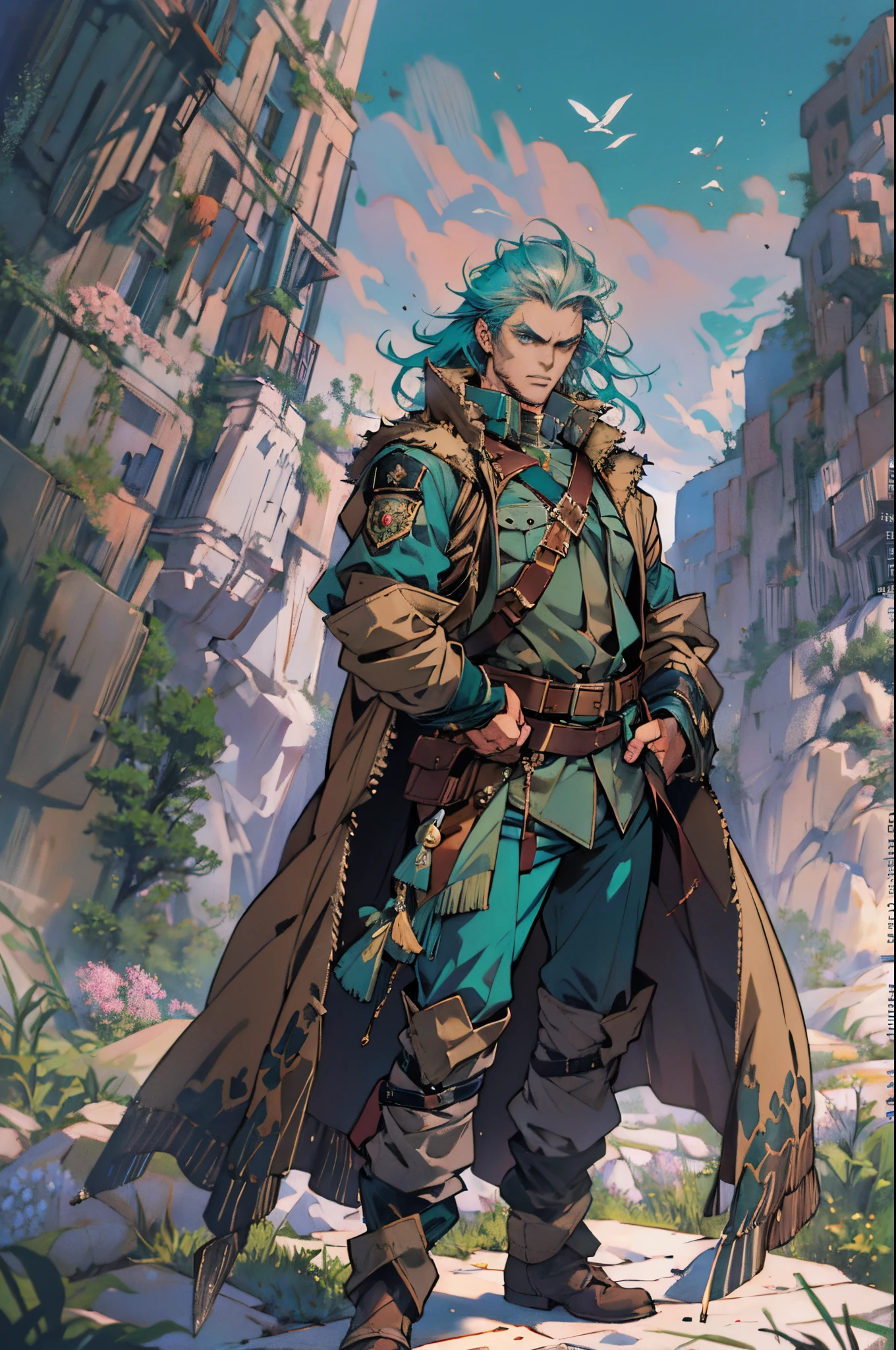 A middle-aged man, long teal hair, wild and disheveled hairstyle, determined gaze, a serious expression, noble features, some stubble, a simple fantasy-style two-piece hunter outfit, a short-sleeved gray shirt, a brown fur-lined coat, a cloth belt cinches his waist, ribbons wrap around his entire arm, coarse fabric pants, stands proudly atop a mountain peak, this character embodies a finely crafted fantasy-style hunter in anime style, exquisite and mature manga art style, high definition, best quality, highres, ultra-detailed, ultra-fine painting, extremely delicate, professional, anatomically correct, symmetrical face, extremely detailed eyes and face, high quality eyes, creativity, RAW photo, UHD, 8k, Natural light, cinematic lighting, masterpiece-anatomy-perfect, masterpiece:1.5