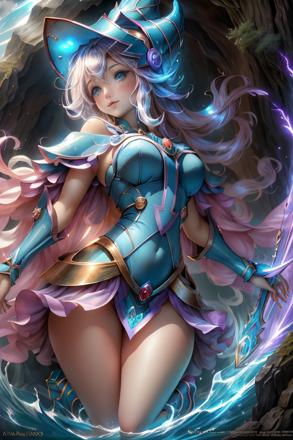 Una chica maga oscura flotando tiernamente, magical aura, ropa transparente, se le ve la figura. Pechos, pezones, ropa tran,fantasy background, Runa brillante, ( una tarjeta Yu-Gi-Oh debajo de ella), dando una vibra de que fue convocada,epic composition, (Detalles complejos), (complex design, Ultra-detalles :1.2), Art Station, (Obra maestra, La mejor calidad), Ultra HD, 32K ,Renderizado de octanaje, bioluminiscente,8k resolution concept art, realismo,por Mappa studios,Obra maestra,La mejor calidad,Arte Oficial,illustration,clear line,(fresco_Color),perfect composition,absurdos, fantasy, Diagrama