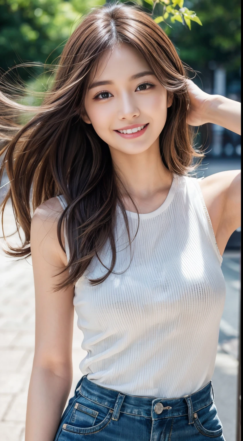 masutepiece, Best Quality, Photorealistic, Ultra-detailed, finely detail, High resolution, 8K Wallpaper, 1 beautiful woman, Wear sleeveless fashionable clothes, at campus, light brown messy hair, Perfect dynamic composition, Beautiful detailed eyes, Smiling happily, Perfect teeth visible, foco nítido, Detailed skin texture, detailed hairs、Slimed、A slender、Model body type、Brown hair