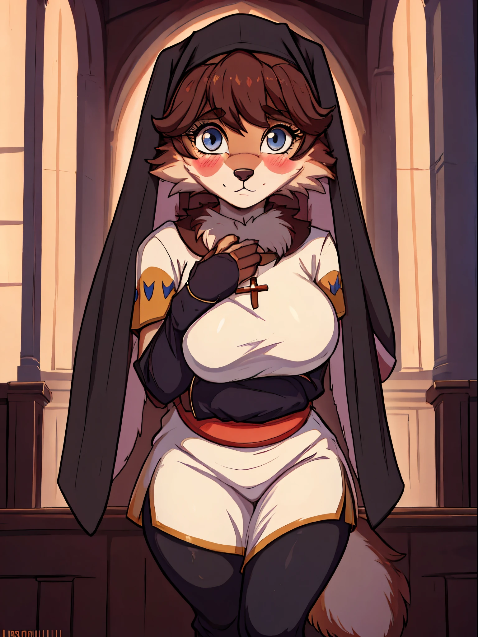 (best quality,4k,8k,highres,masterpiece:1.2),ultra-detailed,,Art by Afrobull,Lop,1female anthro,big breasts, ,furry,female canid,anthropomorphic canid, vivid colors,studio lighting,physically-based rendering,sharp focus,masterpiece:1.2, shy, blush, standing, on Church, Dressed as a Nun,