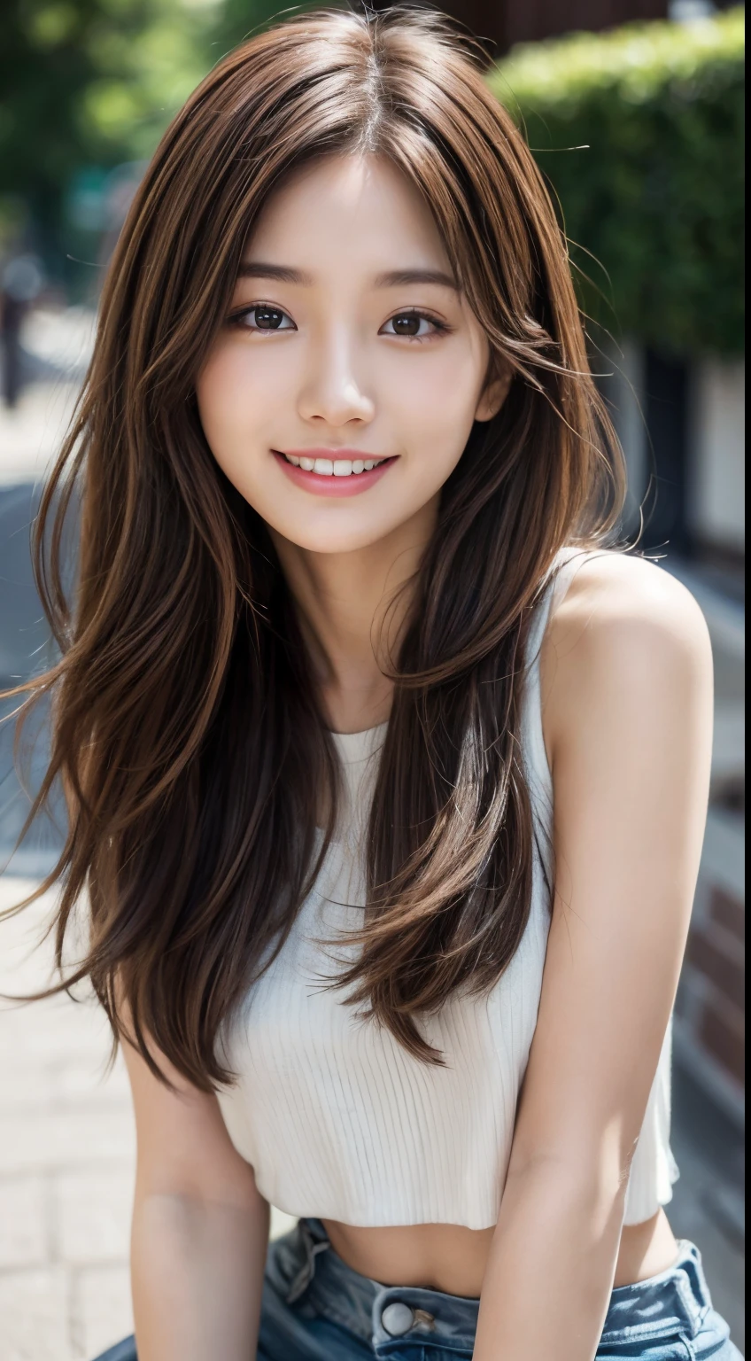 masutepiece, Best Quality, Photorealistic, Ultra-detailed, finely detail, High resolution, 8K Wallpaper, 1 beautiful woman, Wear sleeveless fashionable clothes, at campus, light brown messy hair, Perfect dynamic composition, Beautiful detailed eyes, Smiling happily, Perfect teeth visible, foco nítido, Detailed skin texture, detailed hairs、Slimed、A slender、Model body type、Brown hair