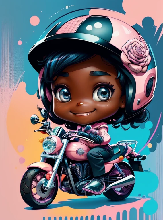 generate a drawing of a baby girl who is just a few months old, she must be wearing a pink outfit and a black leather jacket, she must be on a motorbike, full body style disney drawings