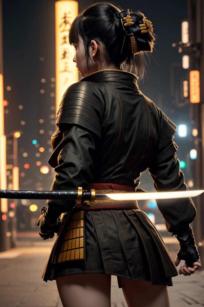 1 girl, ((Full body)), (yellow bodysuit), (((samurai sword))), gloves, tactical, (black hair), high resolution, sharp image, from the back,
((Best quality)), ((masterpiece)), highly detailed, Depth-of-field, Multi-layered textures,(Hyperrealistic), HDR (High Dynamic Range), Ray Tracing, NVIDIA RTX, Unreal 5, Subsurface scattering, PBR Texturing, Post-processing,
Anisotropic Filtering, Maximum clarity and sharpness, Wide aperture, Low ISO, White balance, Rule of thirds, 8K RAW, (extremely slutty), Night city in the background, Ultra HD, dramatic, highly detailed hands