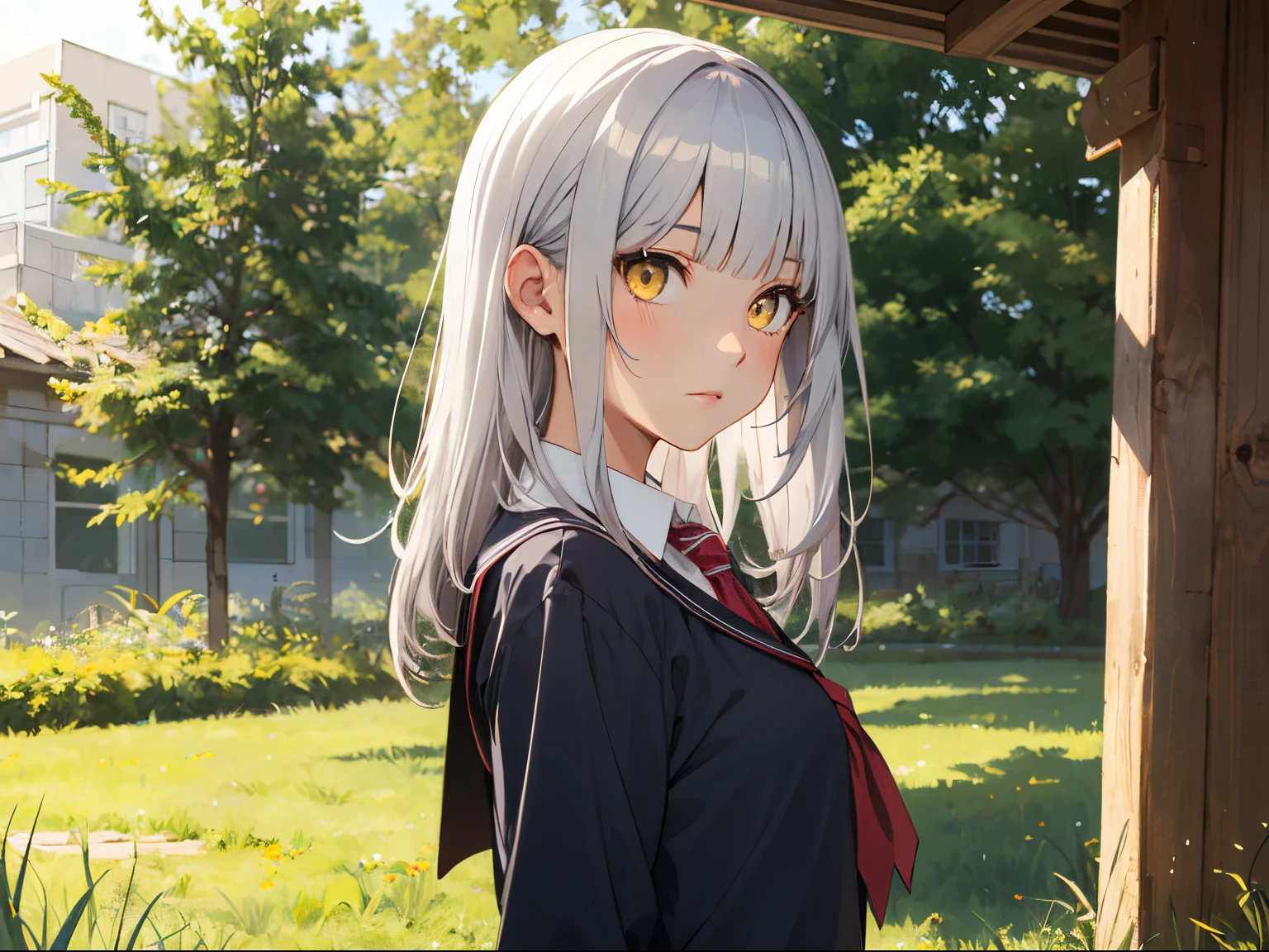 1girl, yellow eyes, style novel, long silver hair, blunt bangs, school uniform, super detailed, em Floresta