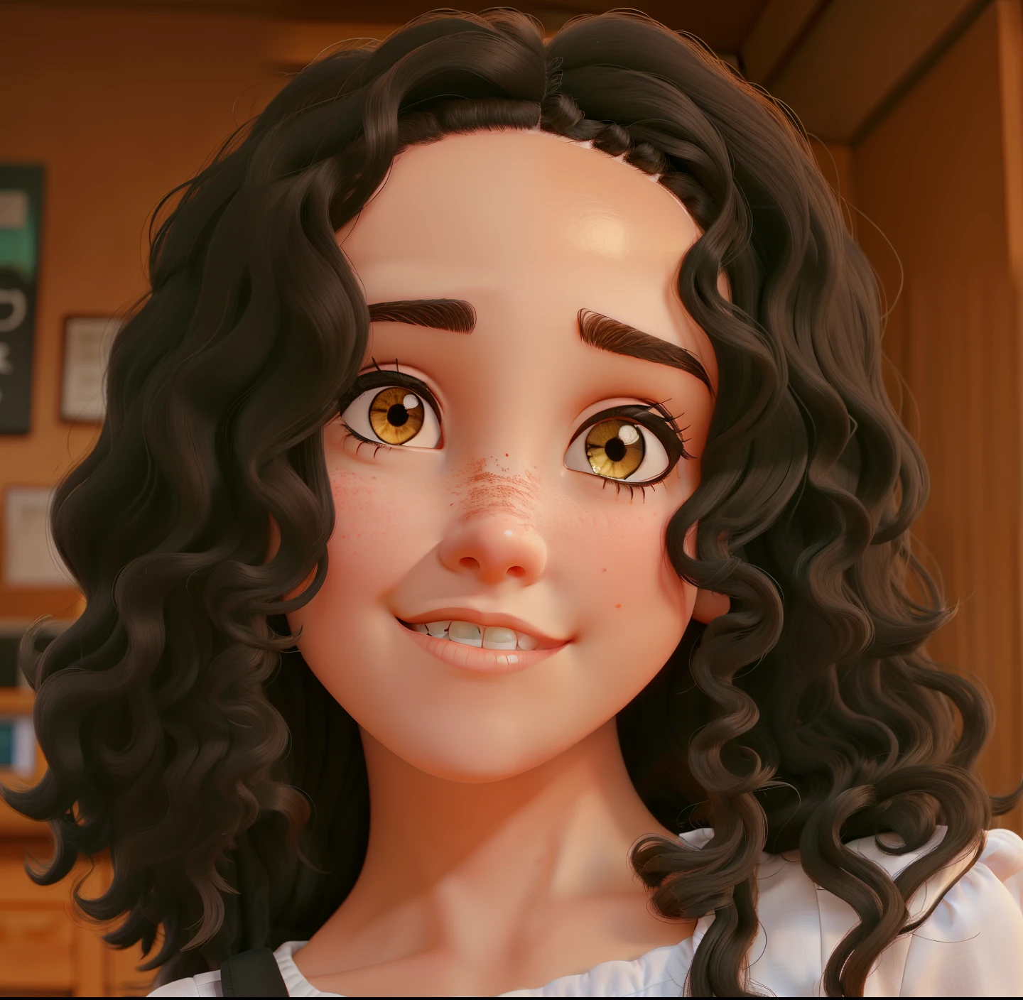 A white girl with black curly hair and brown eyes.