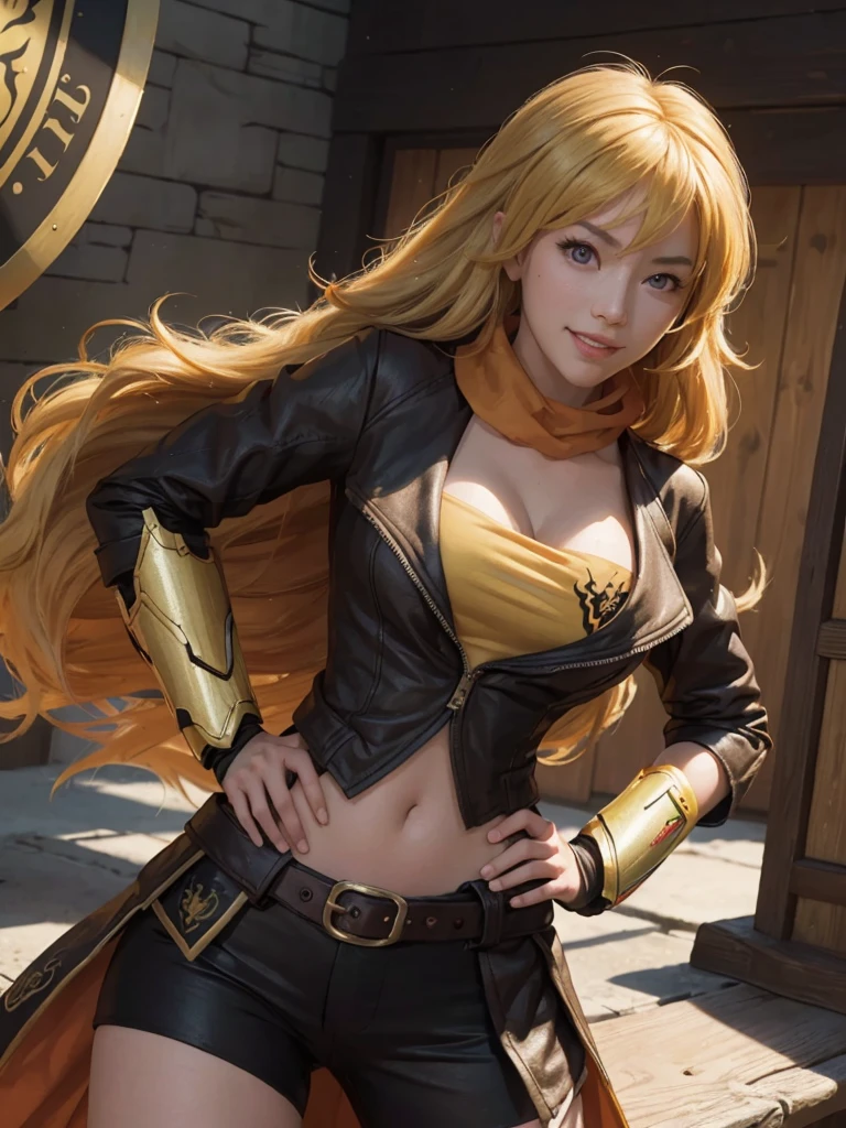 (masterpiece,
best quality:1.2), yang_xiao_long from rwby, cowboy shot, solo,
1girl, yang xiao long, grin, hand on hip, very long hair, ahoge, purple eyes, brown jacket, yellow tube top, black shorts, black fingerless gloves, orange scarf, waist cape, midriff, cleavage, large breasts, prosthetic arm, boots, belt, walking in old library, looking at the camera, Hearty smile, Photo realistic, realistic facial features, realism, hyper detailed, hyper realistic, 8k, {{{extremely detailed}}}, (extremely detailed CG unity 8k wallpaper, masterpiece, cute round face