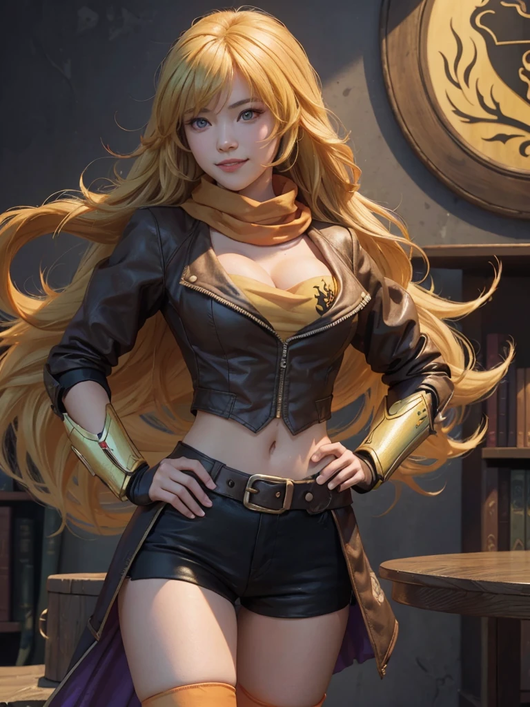 (masterpiece,
best quality:1.2), yang_xiao_long from rwby, cowboy shot, solo, 
1girl, yang xiao long, grin, hand on hip, very long hair, ahoge, purple eyes, brown jacket, yellow tube top, black shorts, black fingerless gloves, orange scarf, waist cape, midriff, cleavage, large breasts, prosthetic arm, boots, belt, walking in old library, looking at the camera, Hearty smile, Photo realistic, realistic facial features, realism, hyper detailed, hyper realistic, 8k, {{{extremely detailed}}}, (extremely detailed CG unity 8k wallpaper, masterpiece, cute round face