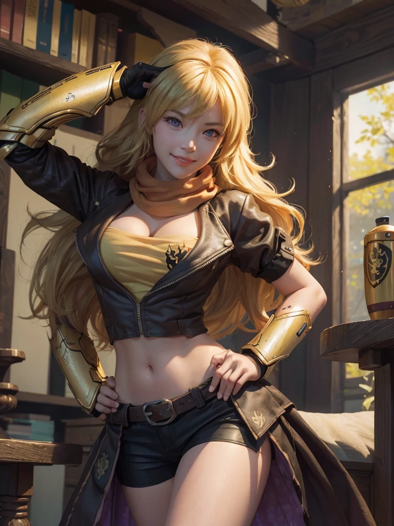 (masterpiece,
best quality:1.2), yang_xiao_long from rwby, cowboy shot, solo, 
1girl, yang xiao long, grin, hand on hip, very long hair, ahoge, purple eyes, brown jacket, yellow tube top, black shorts, black fingerless gloves, orange scarf, waist cape, midriff, cleavage, large breasts, prosthetic arm, boots, belt, walking in old library, looking at the camera, Hearty smile, Photo realistic, realistic facial features, realism, hyper detailed, hyper realistic, 8k, {{{extremely detailed}}}, (extremely detailed CG unity 8k wallpaper, masterpiece, cute round face