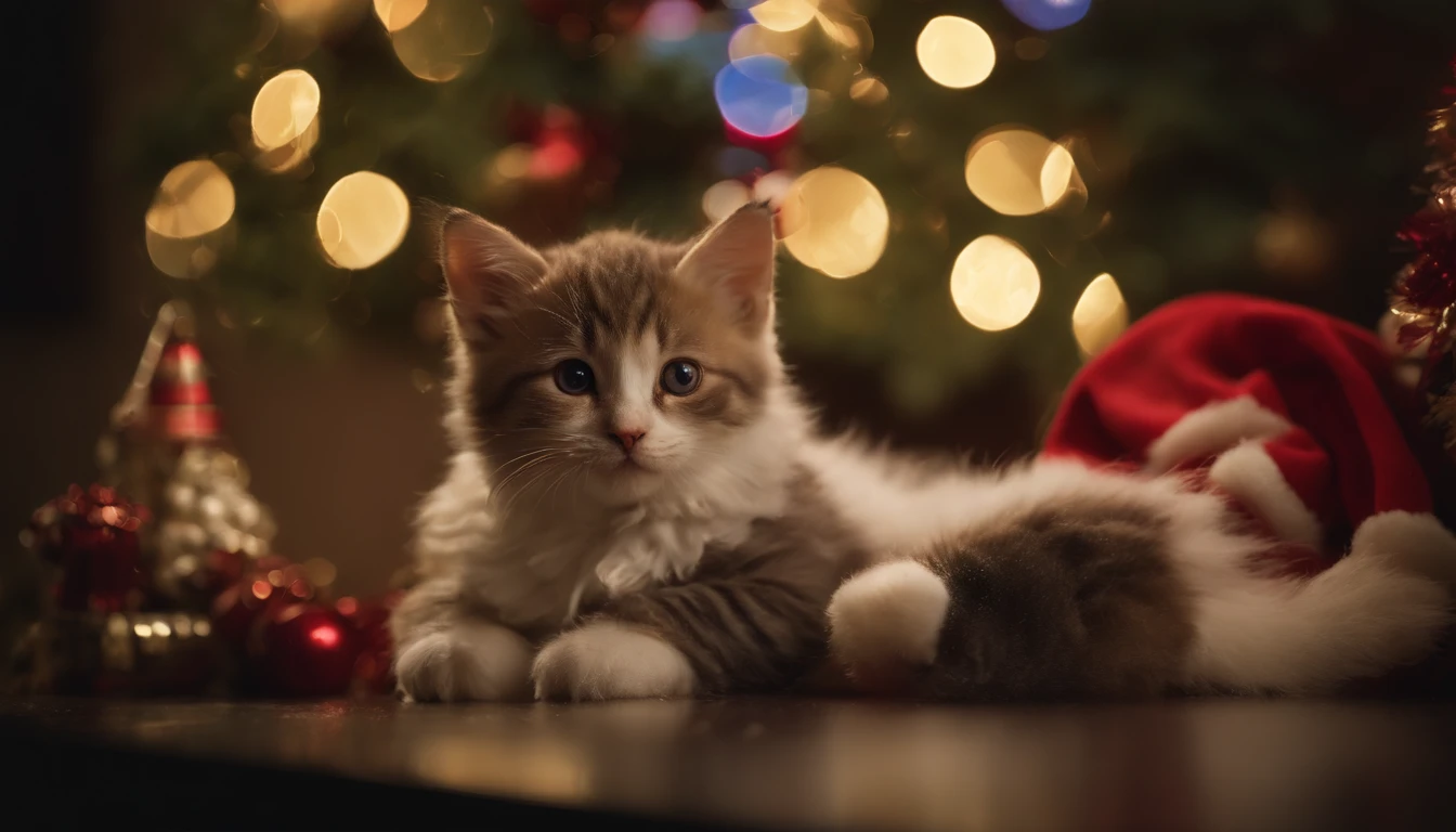 (((32k,high detal,high-detail、masterpiece,Attention to detail,full body Esbian,独奏))),masterpiece, top-quality,A kitten,Santa Claus Cosplay