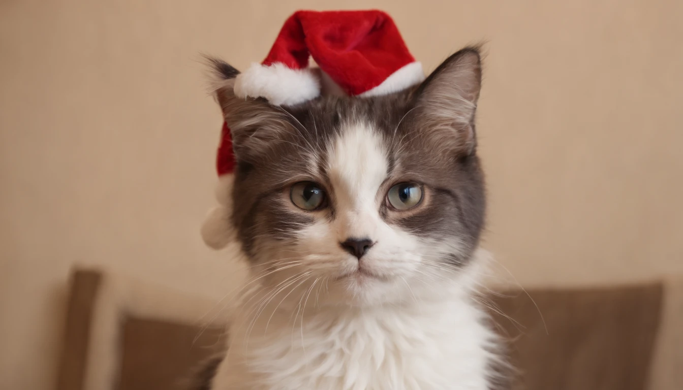 (((32k,high detal,high-detail、masterpiece,Attention to detail,full body Esbian,独奏))),masterpiece, top-quality,A kitten,Santa Claus Cosplay