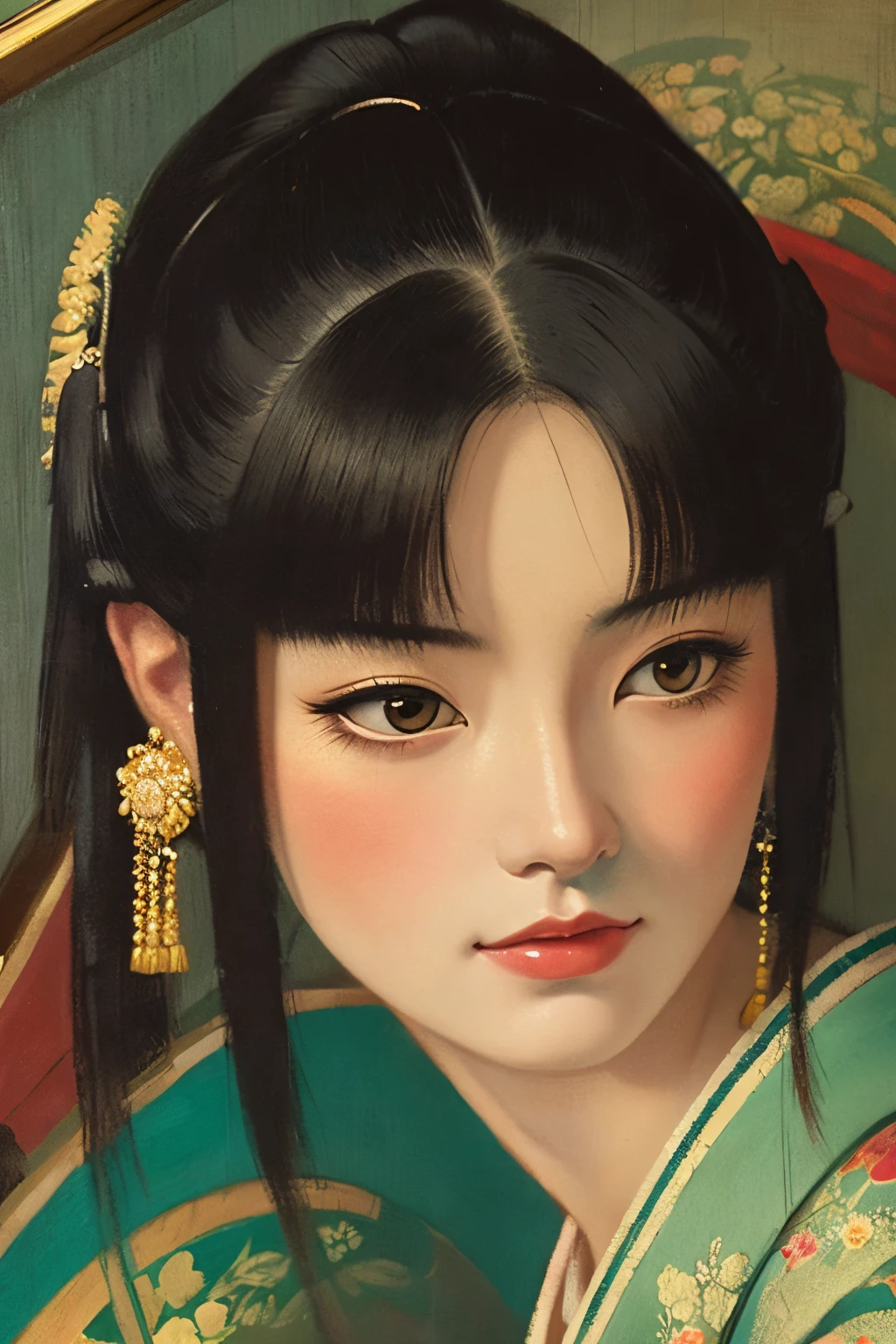 A beautiful woman from the Edo period is staring at me. The woman's eyes are large, beautiful, and full of sadness. Create a vintage oil painting