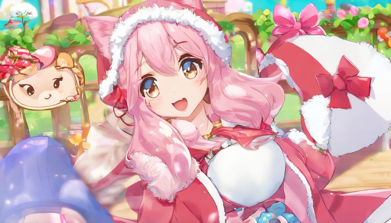 best qualtiy、​masterpiece、hight resolution、tchibi、on stomach、1girl in、Santa Claus Girl、santa claus、A smile、A pink-haired、kawaii、kawaii eyes、big eye、a purple eye、tongue、Stick out the tongue、I have my mouth wide open、Santa Clothes、Santa hat with rabbit ears、Colossal tits、cleavage of the breast、micromini skirt、