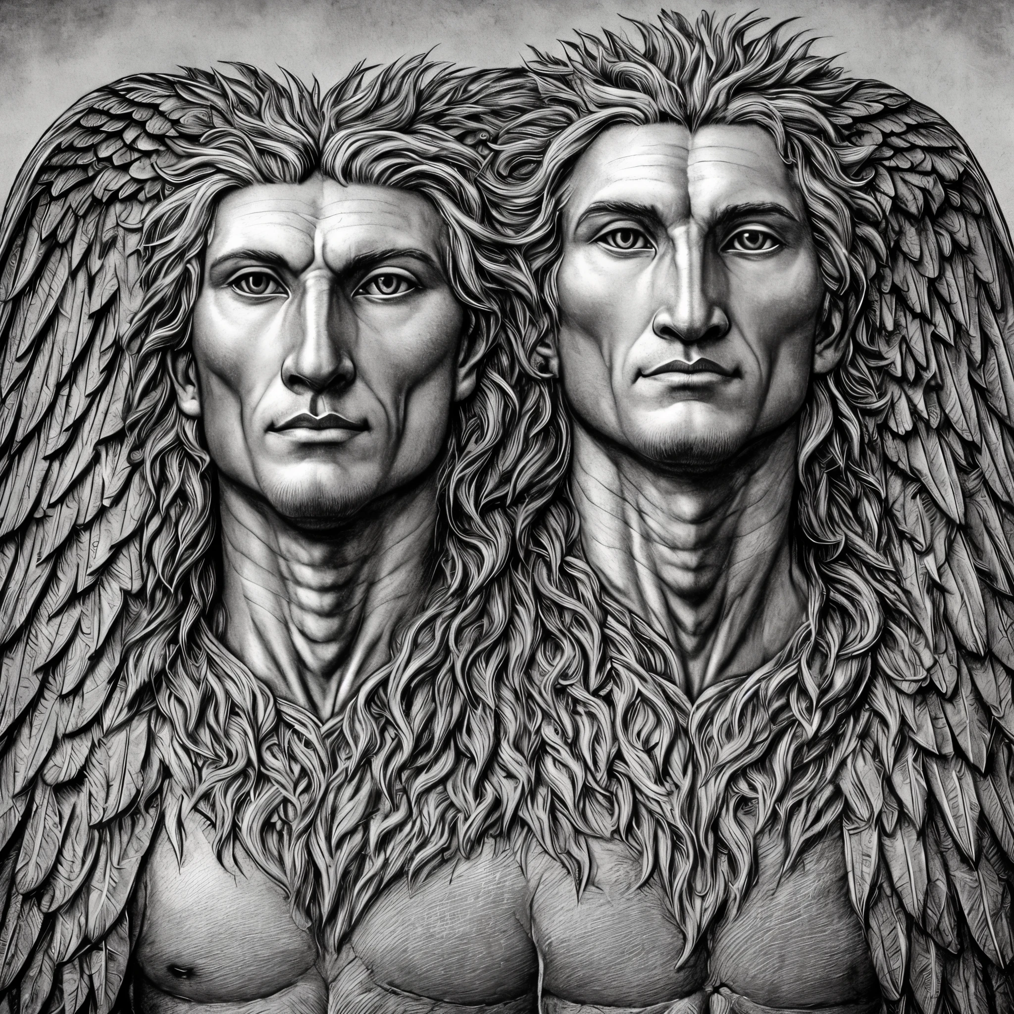 A human being with the face of a man, the face of an eagle on the left, the position of an ox, on the right, the position of a lion on the left, with four wings, silver armor with pointed tips, strong and muscular