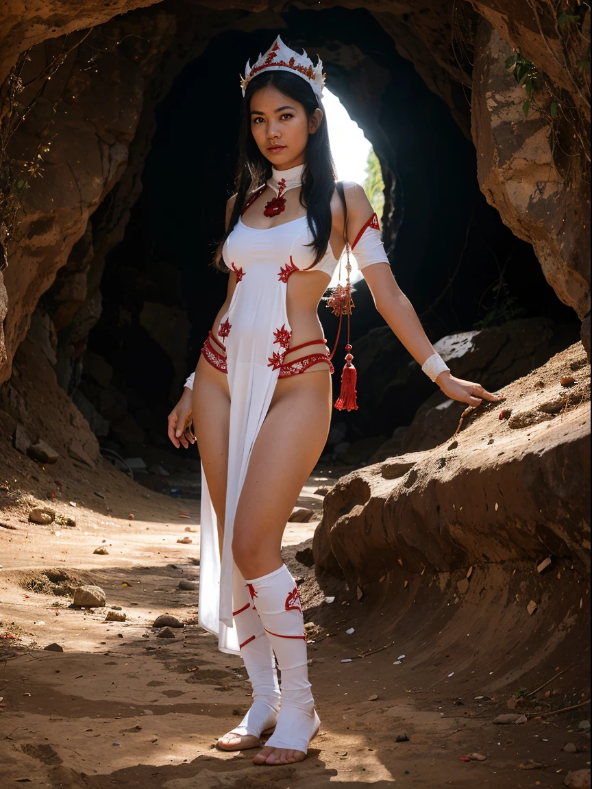 A woman wearing a white and red Naga costume stands at the cave. Thai costume, Naga, Naga witness.