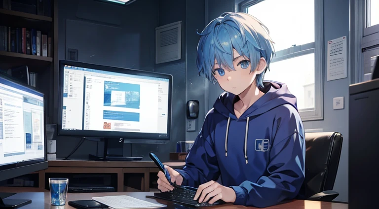 1 boy, short blue hair, blue eyes, wearing a hoodie, sitting in front of a computer, opening a cellphone