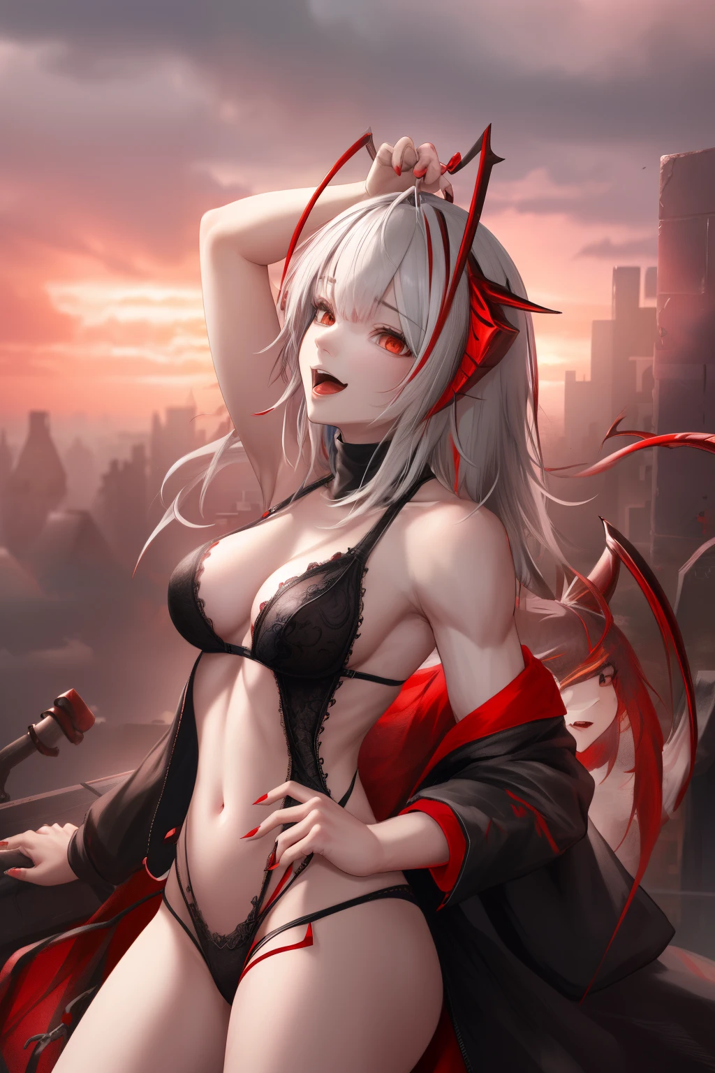 (((em))), em (arknights), 独奏, Horns, looking a viewer, exteriors, pectorals, red eyes, Smile, gray hairs, building, skye, open mouth, Cloud, red nails, Average Breasts,, cloudy sky, red sky, horns demon, Ruins, nail polish, Bangs, ahoge,  multi-colored hair, upper-body, perfect anatomy, arms out of frame, Hands Behind Your Back, in intimate clothing, black lingerie,