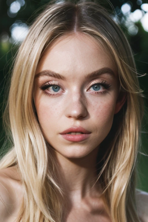 cute beautiful blond girl (8k, 4k, best quality, highres, ultra high res:1.1), (masterpiece, realistic, photo-realistic:1.1), babe, 1girl, face, close-up, ukrainian, blonde hair, light green eyes, light eyes, red lips, (looking at viewer:2), absurdly long hair, long eyelashes, long eyelashes, small face, big eyes, bare shoulders, high contrast, 20 years old, braid hair, freckles