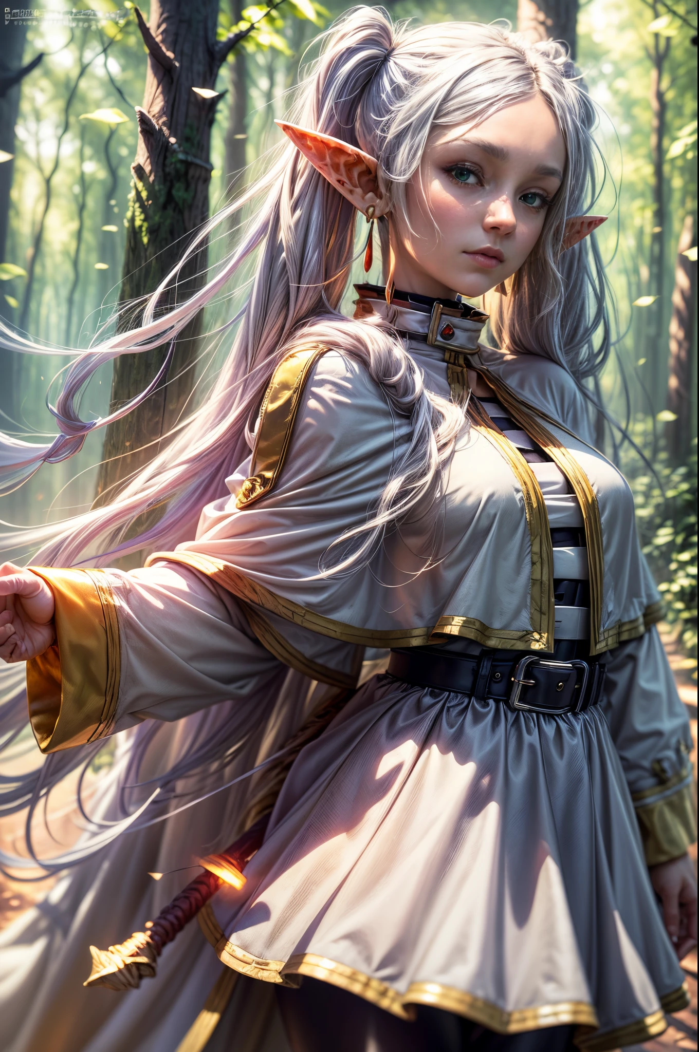 "((Realistic)) portrayal of ((Frieren)), spellbinding ((magic staff)) held against the backdrop of a mystical forest, dynamic cloud formations, ((golden hour glow)), ((exquisite details)), high resolution, twintails, very long hair, silver hair, pointy ears, elf, white capelet, green eyes, (black pantyhose), earrings, white skirt, belt, white sleeves"((Realistic)) portrayal of ((Frieren)), spellbinding ((magic staff)) held against the backdrop of a mystical forest, dynamic cloud formations, ((golden hour glow)), ((exquisite details)), high resolution"twintails, very long hair, silver hair, pointy ears, elf, white capelet, green eyes, (black pantyhose), earrings, white skirt, belt, white sleeves,