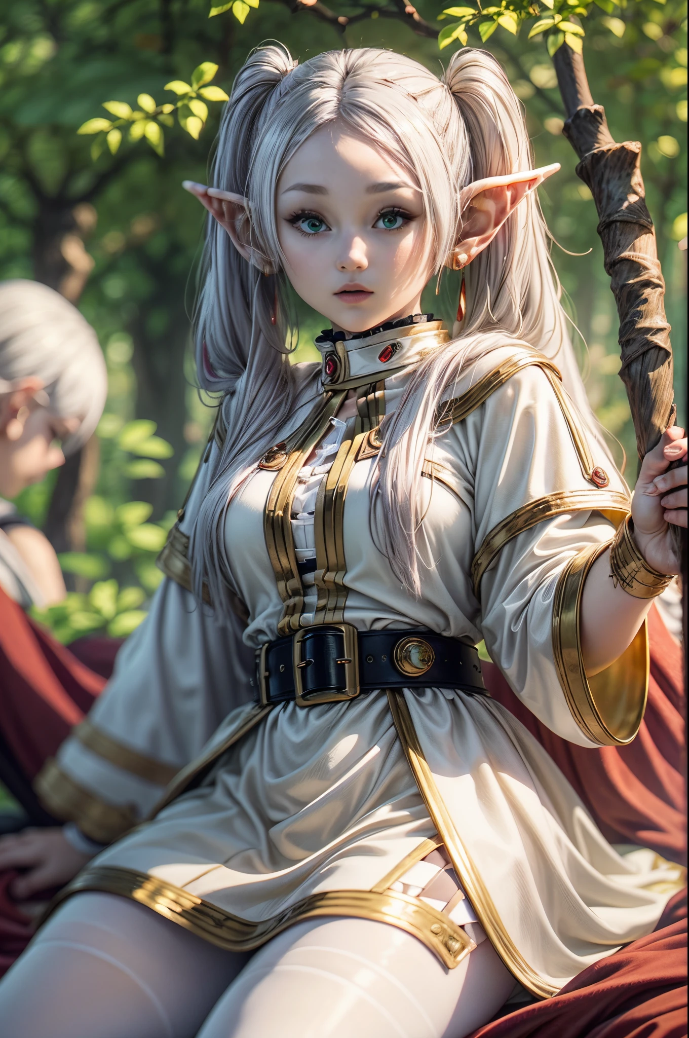 "((Realistic)) portrayal of ((Frieren)), spellbinding ((magic staff)) held against the backdrop of a mystical forest, dynamic cloud formations, ((golden hour glow)), ((exquisite details)), high resolution"twintails, very long hair, silver hair, pointy ears, elf, white capelet, green eyes, (black pantyhose), earrings, white skirt, belt, white sleeves,