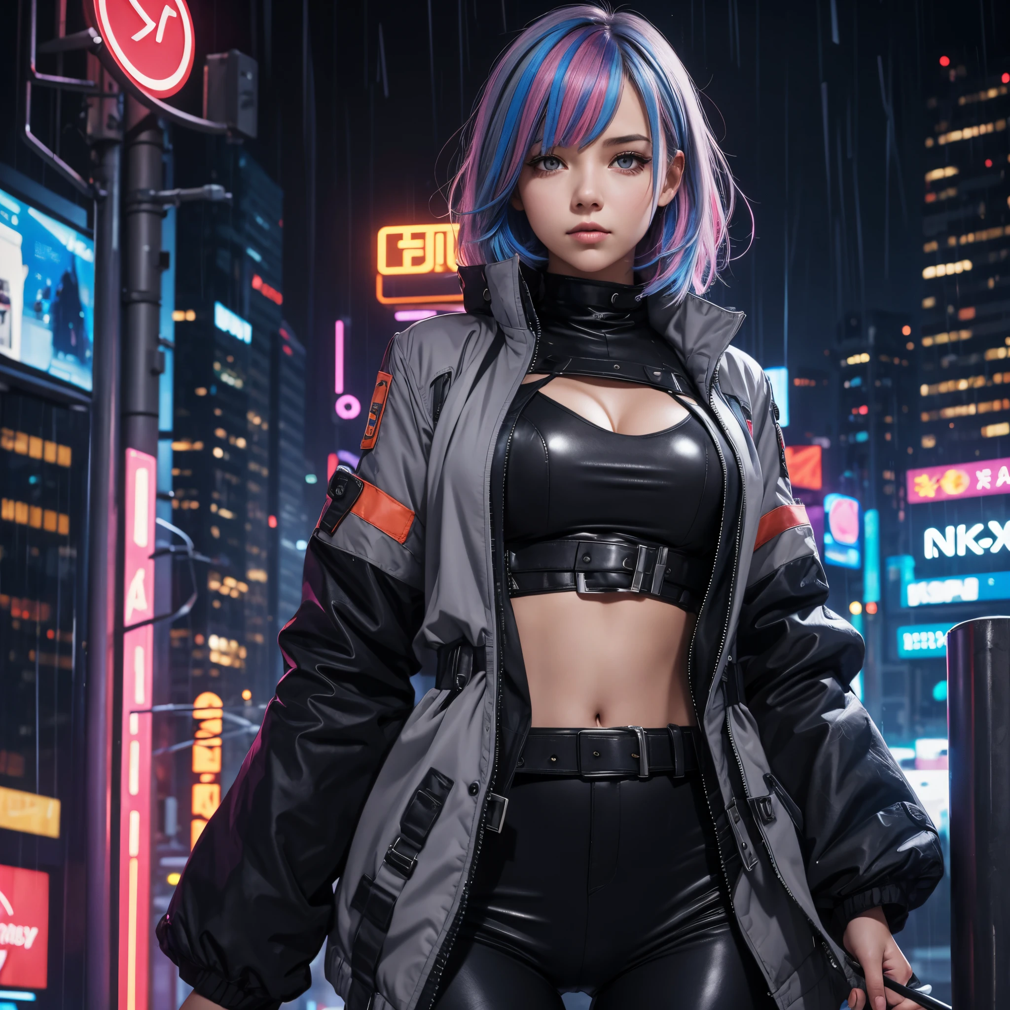portrait, 1 girl, beautiful face, asymmetrical hair, multi-colored hair, belt, bodysuit, covered mouth, covered navel, detached sleeves, grey eyes, hip vent, open jacket, cute, look at viewer, night city, neon, rainy,