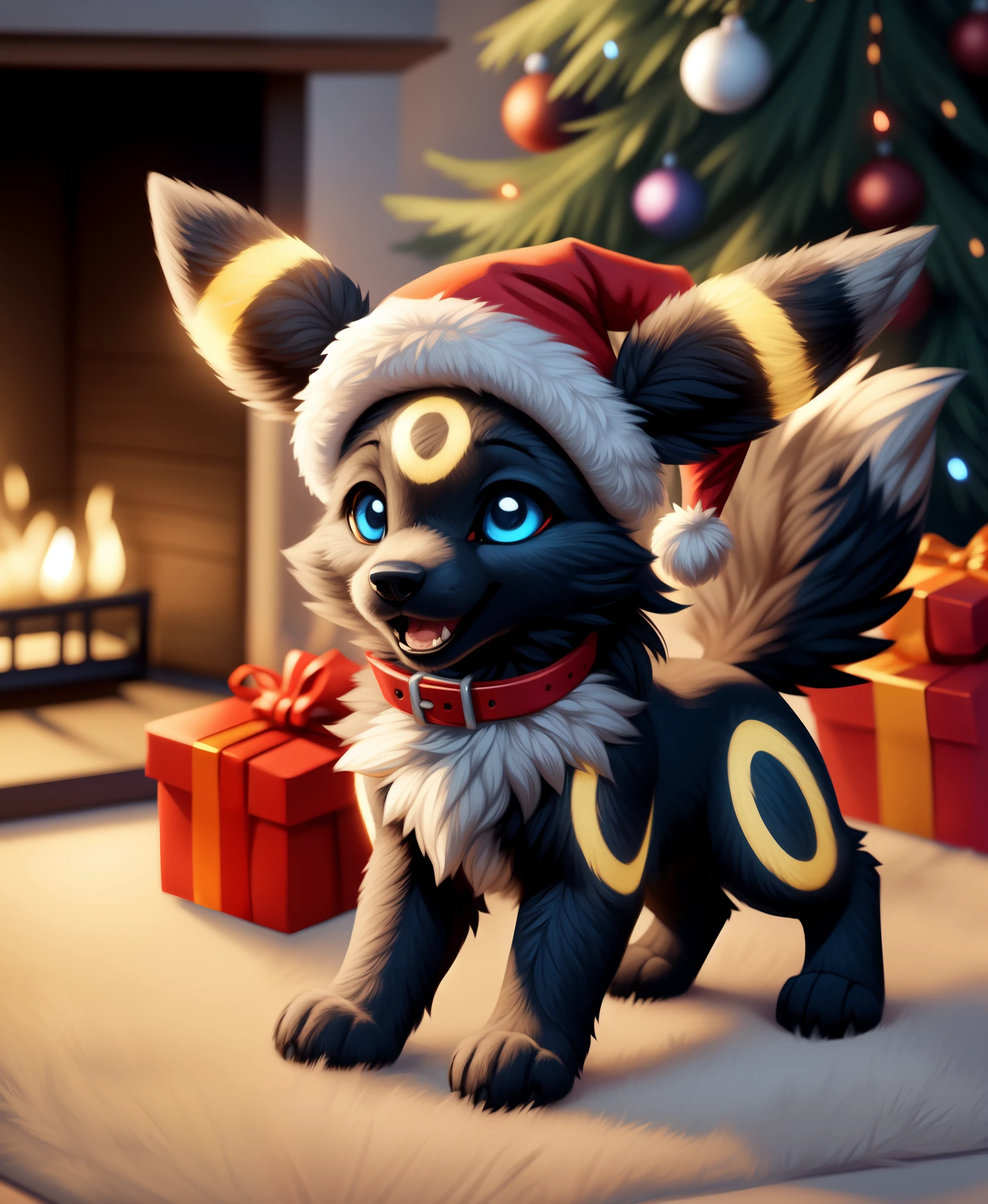 [by Hioshiru],furry, Feral, Pokemon, Long fluffy hair, Umbreon with dark grey fur, Blue eyes, Happy, canine paws, paws for hands, short height, shortstack, crawling, heavy, collar, walkies, perk,Wearing Christmas hat between ears