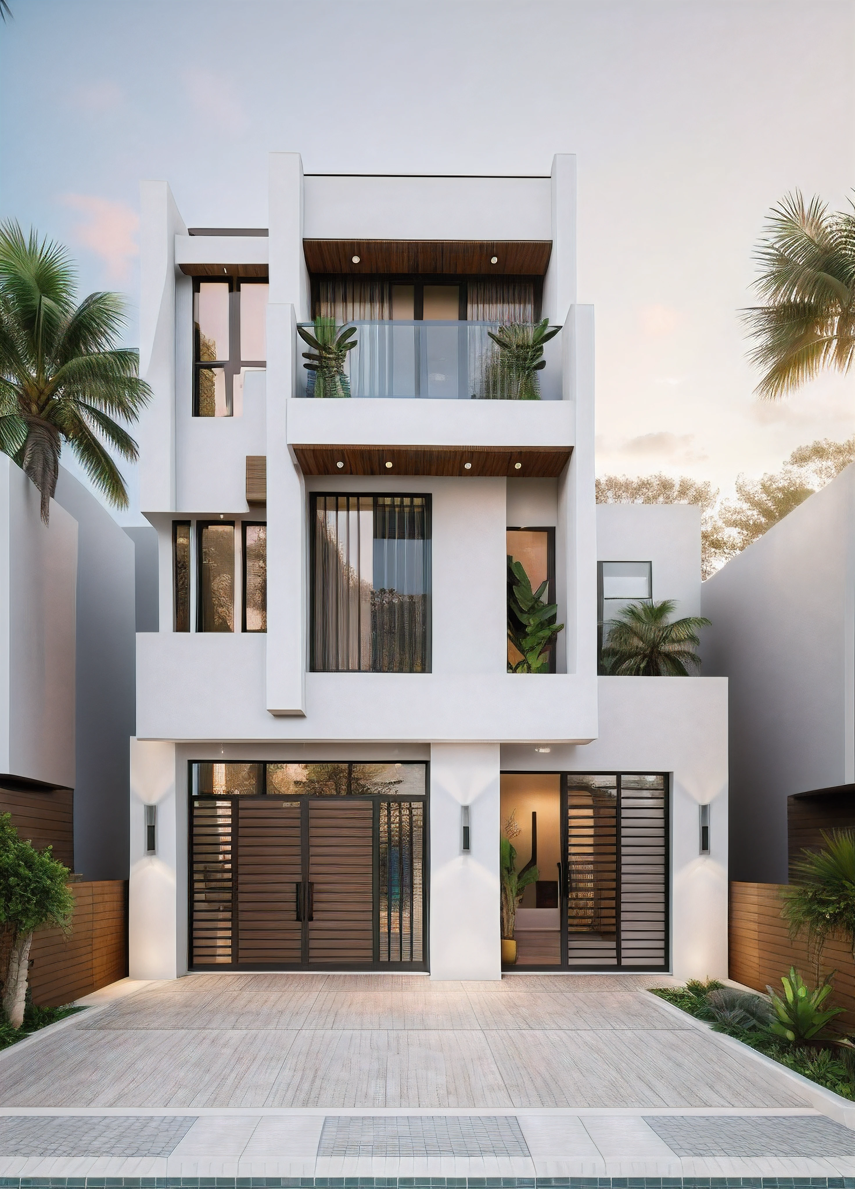 RAW photo,Masterpiece, high quality, best quality, super detail, townhouse, modern house with (tile wall:1.2), glass windows, (wooden ceiling:1.1), railing glass, main door conwood,tropical trees, sunset, beautifu sky, (high detailed :1.2), 16k uhd, dslr, soft lighting, high quality, film grain, 3dmax vray