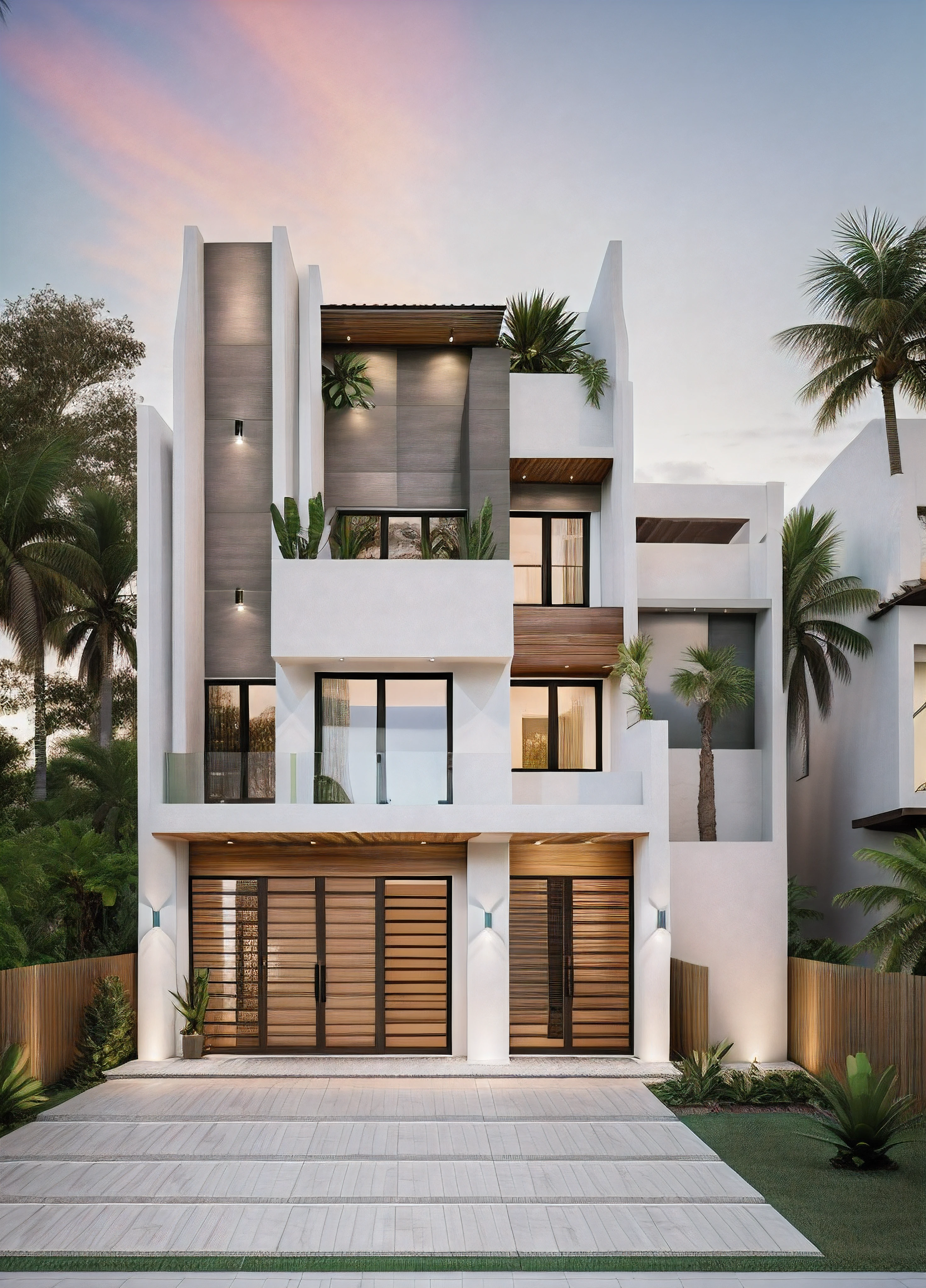 RAW photo,Masterpiece, high quality, best quality, super detail, townhouse, modern house with (tile wall:1.2), glass windows, (wooden ceiling:1.1), railing glass, main door conwood,tropical trees, sunset, beautifu sky, (high detailed :1.2), 16k uhd, dslr, soft lighting, high quality, film grain, 3dmax vray