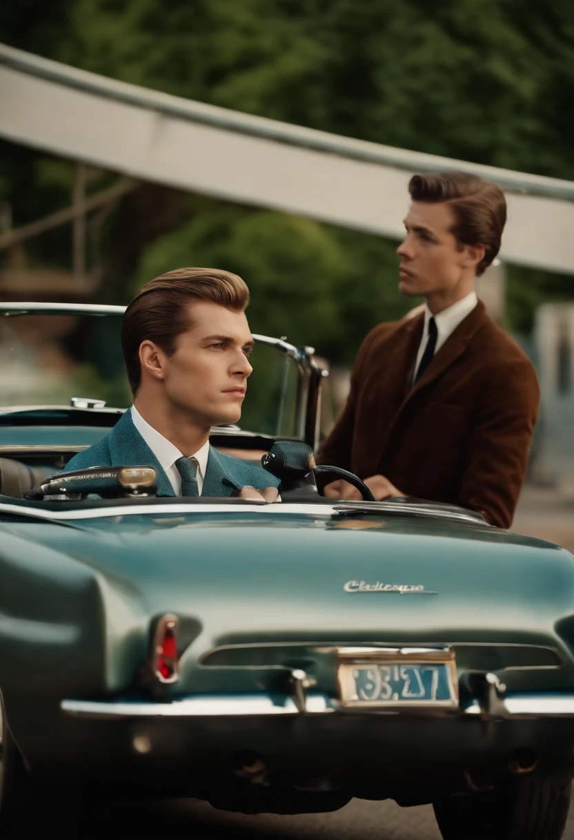 A young American mens in the 1960s with a regent hairstyle is holding the steering wheel of a sports car. full speed,
A sports car is coming from the front.、(((On the verge of a head-on collision)))、terror、(((chicken_lace)))、Powerful screen of in-vehicle camera、phot、photoreaslistic, Angle from behind, detailed back, detailed driver's seat, detailed oncoming car,