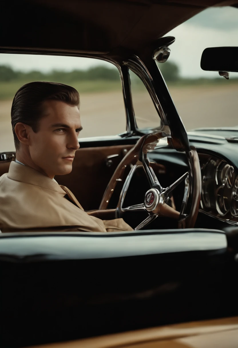 A young American mens  in the 1960s with a regent hairstyle is holding the steering wheel of a sports car. full speed, 
A sports car is coming from the front.、(((On the verge of a head-on collision)))、terror、(((chicken_lace)))、Powerful screen of in-vehicle camera、phot、photoreaslistic, Angle from behind, detailed back, detailed driver's seat, detailed oncoming car,