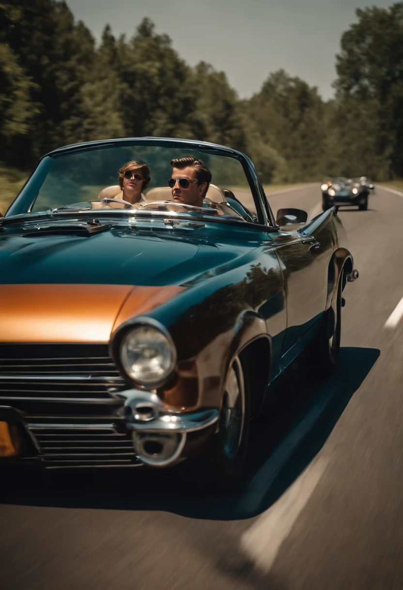 A young American mens in the 1960s with a regent hairstyle is holding the steering wheel of a sports car. full speed,
A sports car is coming from the front.、(((On the verge of a head-on collision)))、terror、(((chicken_lace)))、Powerful screen of in-vehicle camera、phot、photoreaslistic, Angle from behind, detailed back, detailed driver's seat, detailed oncoming car,