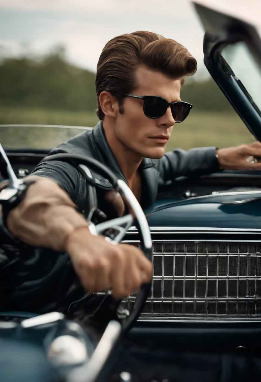 A young American mens in the 1960s with a regent hairstyle is holding the steering wheel of a sports car. full speed,
A sports car is coming from the front.、(((On the verge of a head-on collision)))、terror、(((chicken_lace)))、Powerful screen of in-vehicle camera、phot、photoreaslistic, Angle from behind, detailed back, detailed driver's seat, detailed oncoming car,