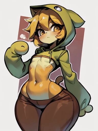 Yellow hair, Yellowish orange fur, green hoodie, brown pants, female, neco arc, cat, wide hips, hourglass figure, cameltoe, small breasts, nipple outlines, bare hips, fly down