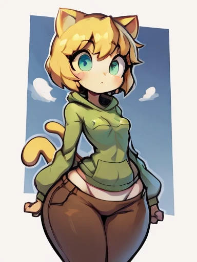 Yellow hair, Yellowish orange fur, green hoodie, brown pants, female, neco arc, cat, wide hips, hourglass figure, cameltoe, small breasts, nipple outlines, bare hips, fly down