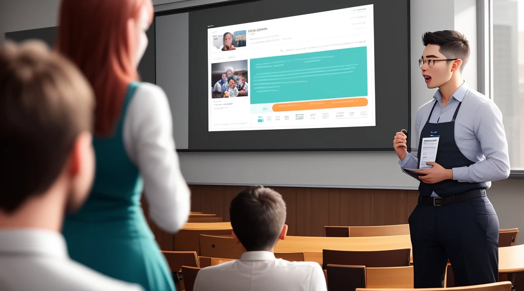 A confident entrepreneur delivering a presentation to a captivated audience.