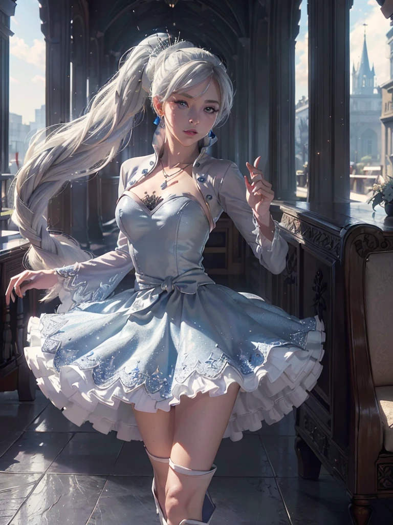 (masterpiece, best quality:1.2), (Weiss Schnee \(Rwby\)), ((small breasts, perky breasts:1.5, best nose, medium lips:1.5, glossy lips:1.5, vertical scar over eye:1.5, large eyes)) cowboy shot, solo, 1girl, weissvale, serious expression, closed mouth, looking at viewer, ponytail, side ponytail, silver tiara, ((starry blue white dress:1.5, short dress), white boots jewelry, necklace, earrings, walking in old library, ((best quality)), ((highly detailed)), absurdres, blue eyes, detailed eyes, deep eyes