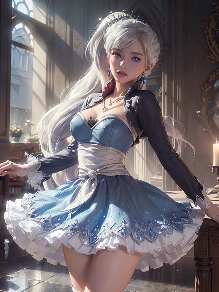 (ultra realistic,32k, masterpiece:1.2),(high detailed skin:1.1),( high quality:1.1),
<lora:rwby_weissschnee:0.8>(smile , v-shaped eyebrows:1.1),(eyeliner,long lashes, mascara:1.1),white hair, blue eyes, swept bangs, weissvale, ponytail, white dress, jewelry, necklace, earrings, icy frosty spellbound tower, swirling spells, mystical experiments, wizard's abode (blurry background:1.2),(looking at viewer, standing:1.1),, huge breast,large breast,<lora:add_detail:1>,full body,
(glowwave:1.1),